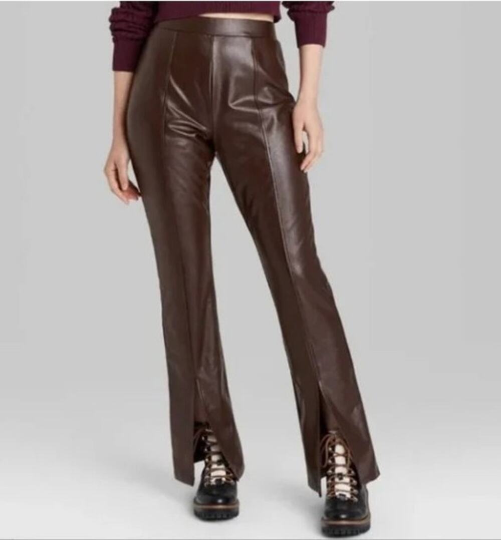 Wild Fable Medium Dark Brown Faux Leather Pants Slit Front Flare